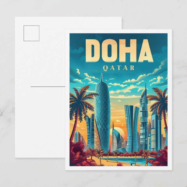 Vintage Kunstreise Doha Katar - Illustration Postkarte (Vorne/Hinten)