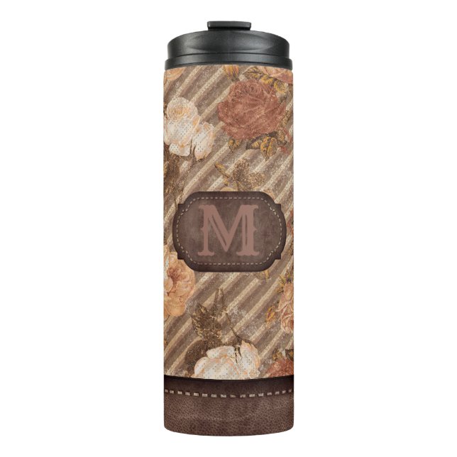 Vintage Kupfer-Rose | Rustikale florale Monogramm Thermosbecher (Vorderseite)