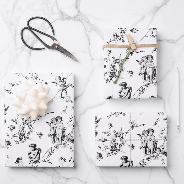 Vintage Kupiden Engel Schwarz-weißes Tier Geschenkpapier Set (Vorderseite)