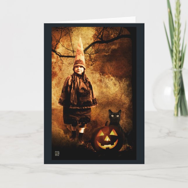 Vintage Kürbis-Hexe-Halloween-Karte Karte (Vorderseite)