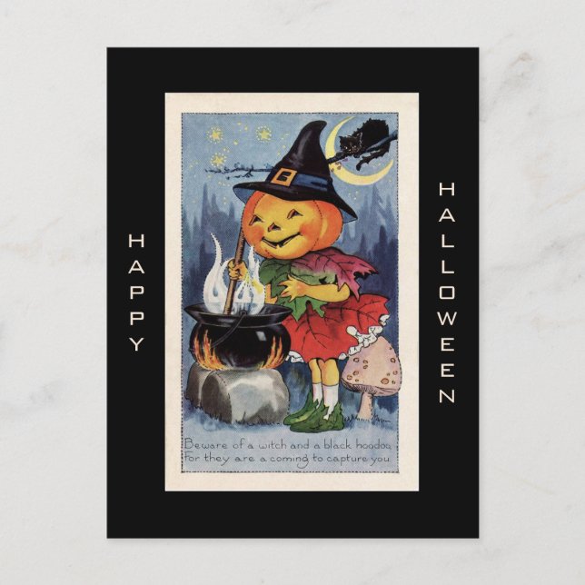 Vintage Kürbishexe glückliches Halloween Postkarte (Vorderseite)