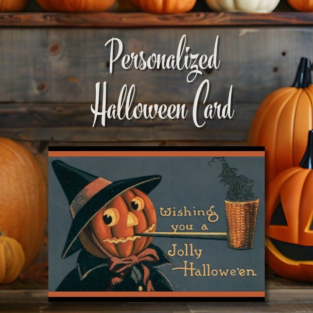 Vintage Kürbishexe und Rohrkreuz Feiertagskarte (Vintage Pumpkin Witch and Pipe Custom Halloween Card with editable message.  Just add your name!)