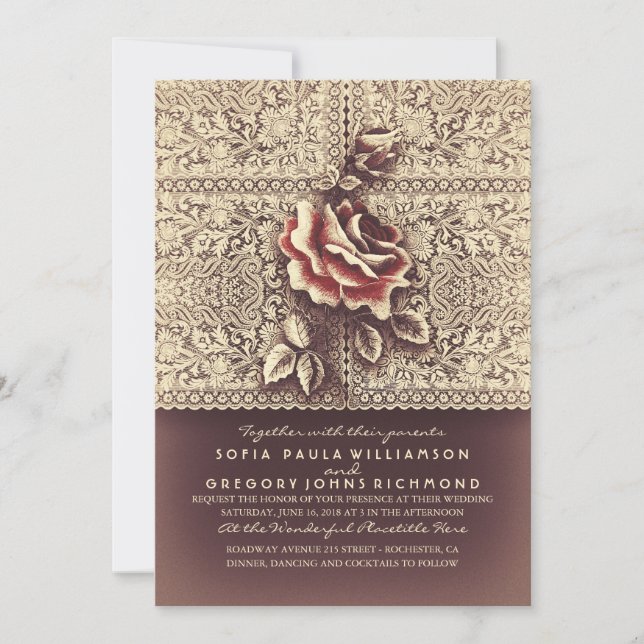 Vintage Lace Marsala Rose Mariage Invitations (Devant)