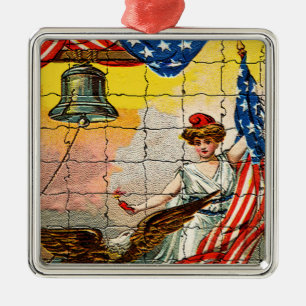 Vintage Lady, Adler, Flag und Liberty Bell Mosiac Silbernes Ornament