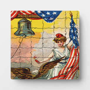 Vintage Lady, Adler, Flagge und Liberty Bell Mosai Fotoplatte