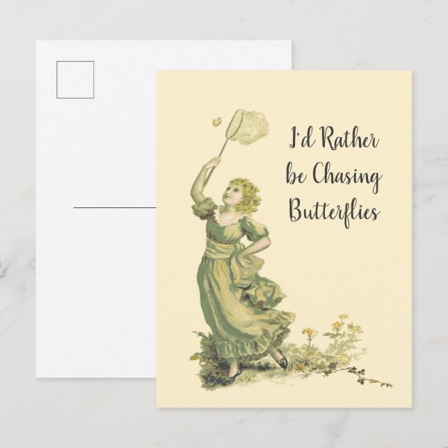 Vintage Lady Chasing Butterflies Postkarte (Vorne/Hinten)