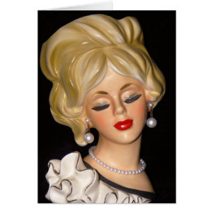 Vintage Lady Head Vase Chic Big Hair Ruffing Card