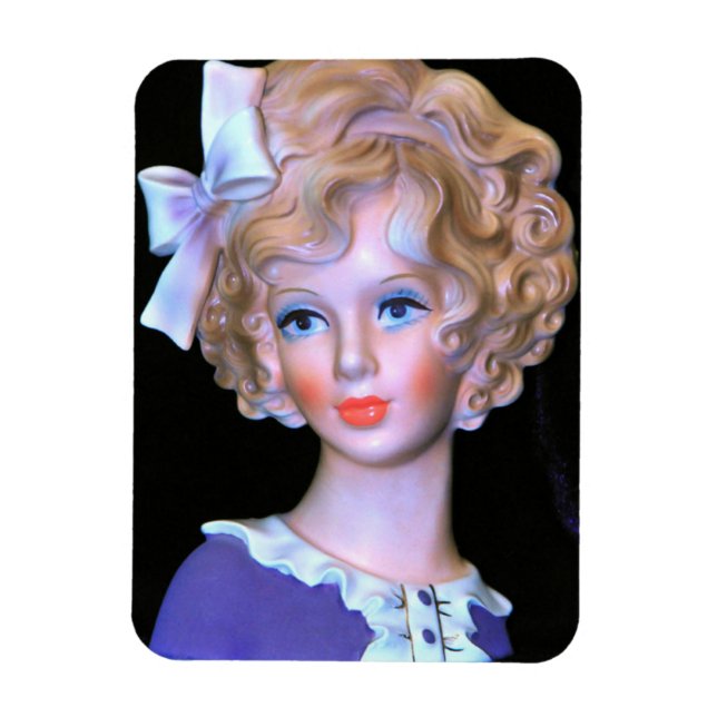 Vintage Lady Head Vase Pink Ruffled Bonnet Magnet (Vertikal)