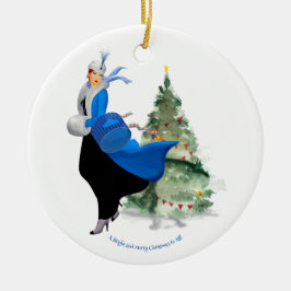 Vintage Lady in Blue Christmas Gruß Keramik Ornament