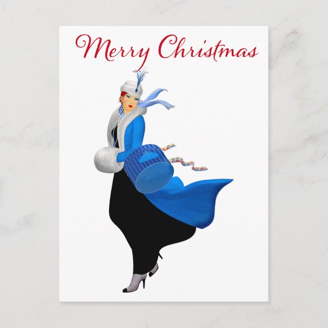 Vintage Lady in Blue Christmas Gruß Postkarte (Vorderseite)