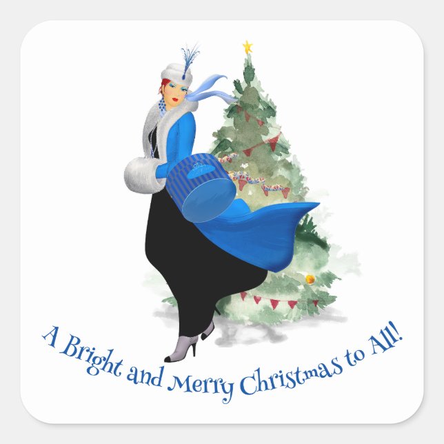 Vintage Lady in Blue Christmas Gruß Quadratischer Aufkleber (Vorderseite)
