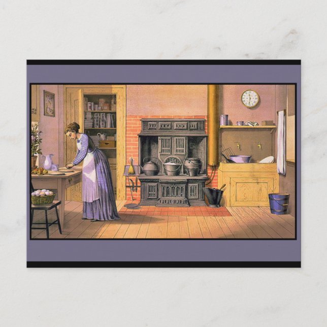 Vintage Lady in der Küche Postkarte (Vorderseite)