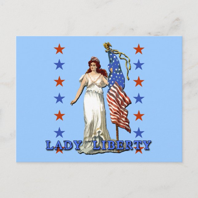 Vintage Lady Liberty mit amerikanischer Flagge Postkarte (Vorderseite)