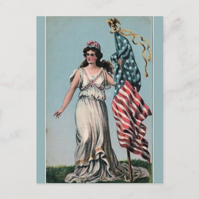 Vintage Lady Liberty mit Flag Postkarte (Vorderseite)