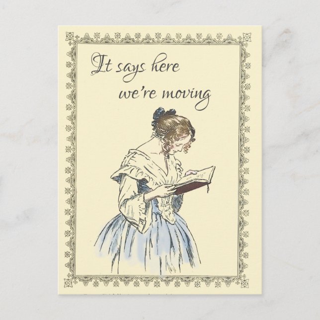 Vintage Lady liest eine Ankündigung zur Buchbewegu Postkarte (Vorderseite)