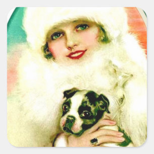 Vintage Lady mit Boston Terrier Quadratischer Aufkleber