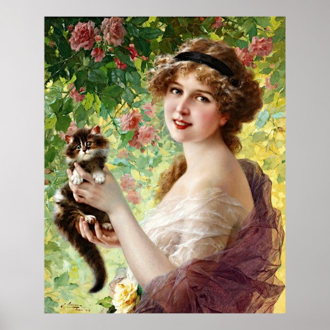 Vintage Lady Niedlich Kitten & Rose Blume Poster (Vorne)