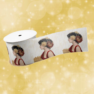 Vintage Lady Red Dress Große Hübsche Blume Satinband