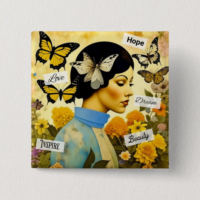 Vintage Lady, Schmetterlinge, Blume und Inspiriere Button (Vorderseite)