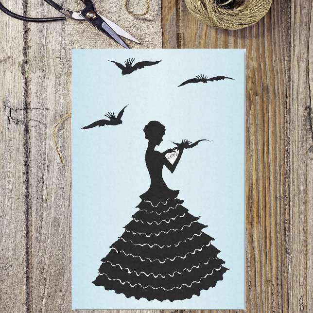 Vintage Lady Silhouette Liebe Letter Doves Seidenpapier (black silhouette lady in ruffled dress with love letter and flying black doves on blue tissue paper.)