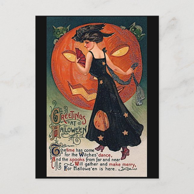 Vintage Lady und Jack o'lantern Moon Halloween Postkarte (Vorderseite)