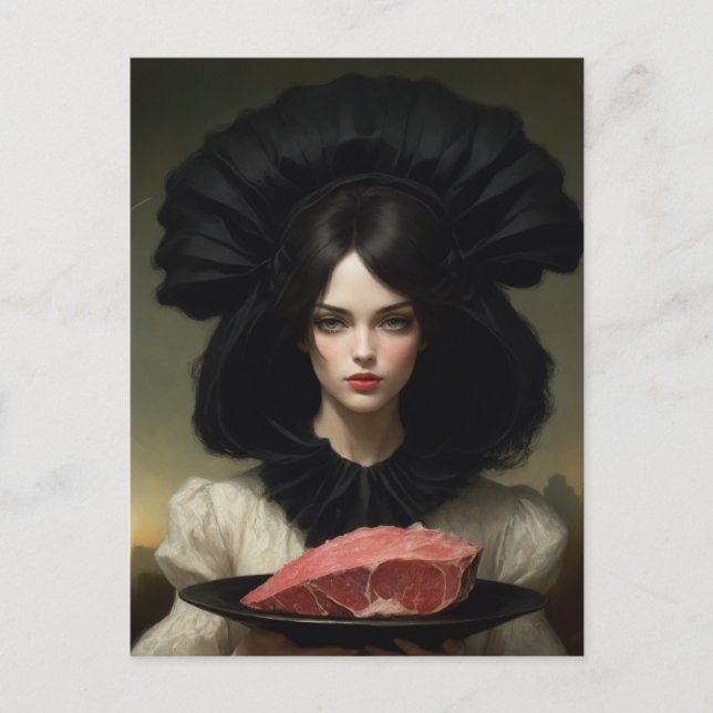 Vintage Lady und rohes Fleisch auf Platter Postkarte (Vorderseite)