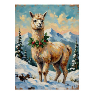 Vintage Lama in schneebedeckter Weihnachtswiese Poster