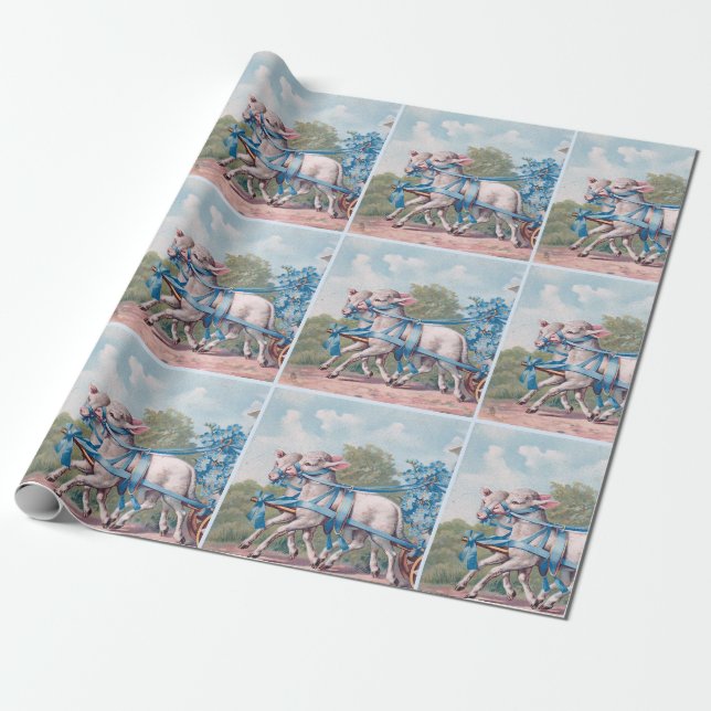 Vintage Lämmer in Extravaganten blauen Ribbons gek Geschenkpapier (Ungerollt)