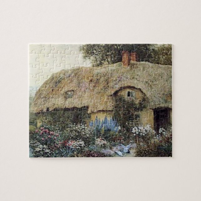 Vintage Land-Hütte mit Blumen-Garten-Puzzlespiel (Horizontal)