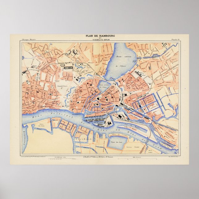 Vintage Landkarte Hamburg Deutschland (1888) Poster (Vorne)