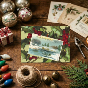 Vintage Landschaftsansicht & Stechpalme Weihnachte Postkarte
