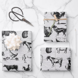 Vintage Landtiere Rustikale Collage Geschenkpapier Set