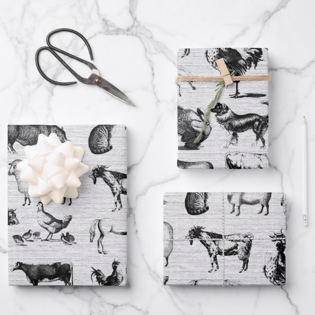 Vintage Landtiere Rustikale Collage Geschenkpapier Set (Vorderseite)