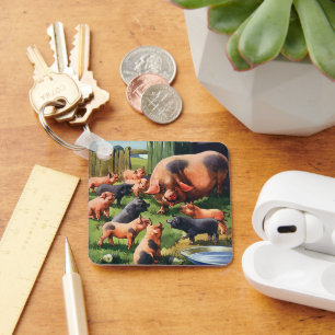 Vintage Landtiere, Schweine mit Niedlichen Baby-Fe Schlüsselanhänger