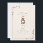Vintage Laterne Terracotta Wedding Save The Date<br><div class="desc">Terracotta Rostfarbendarstellung der Vintagen Öllaterne mit Linie Art botanischen Rahmen. Der Hintergrund ist nicht weiß.</div>