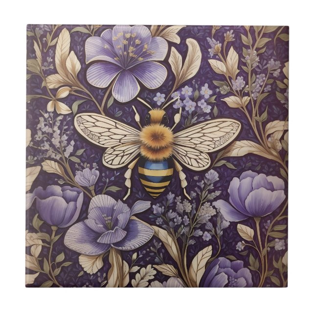 Vintage Lavendel-Blume Hummeln Lila Natur Fliese (Vorderseite)