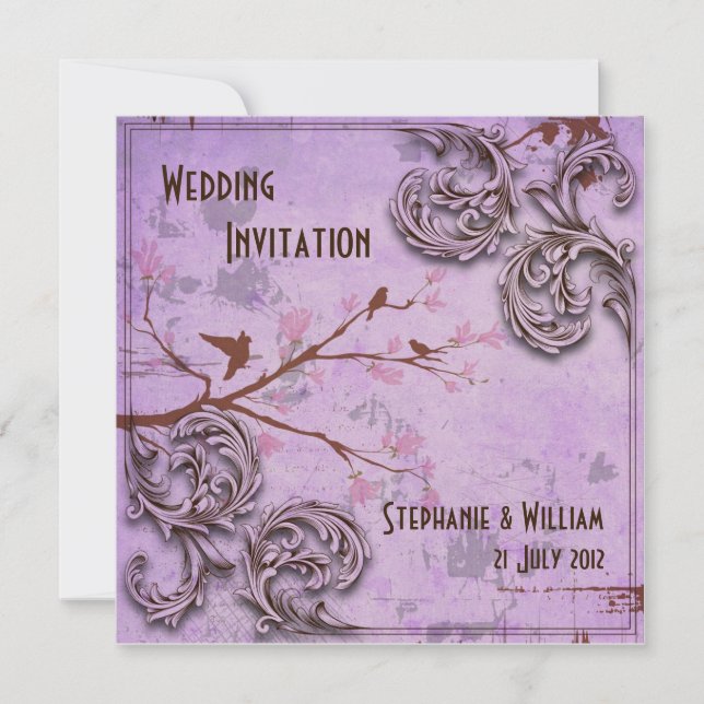 Vintage Lavendel Liebesvögel Einladung Hochzeit (Vorderseite)