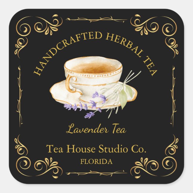 Vintage Lavender Tea Square Label Quadratischer Aufkleber (Vorderseite)