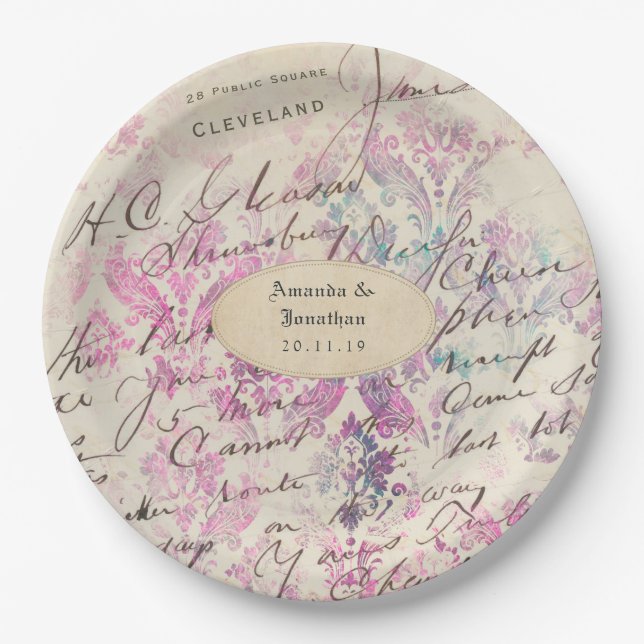 Vintage Lavender Themed Damask Hochzeit Pappteller (Vorderseite)