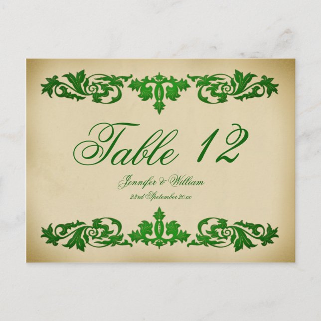 Vintage Leaf Scroll Hochzeit Tischnummer Postkarte (Vorderseite)