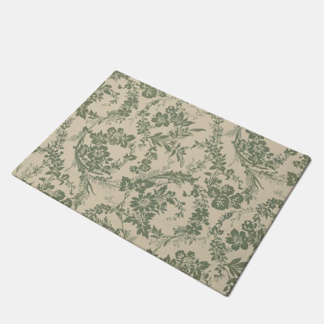 Vintage, lebendiges, grünes Blumenmuster Fußmatte (Schrägansicht)