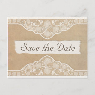Vintage Leinwand, Papier und Spitze Save the Date Ankündigungspostkarte