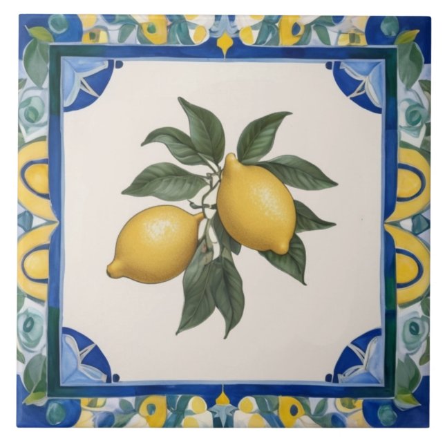Vintage Lemons Dark Blue Green Yellow Lemon Fliese (Vorderseite)