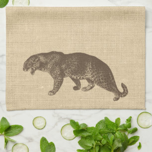 Vintage Leopard-Illustration auf Burlap Geschirrtuch