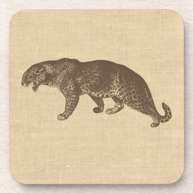 Vintage Leopard-Illustration auf Burlap Getränkeuntersetzer (Vorderseite)