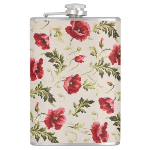 Vintage leuchtend rotes Mohnblumenmuster Flachmann
