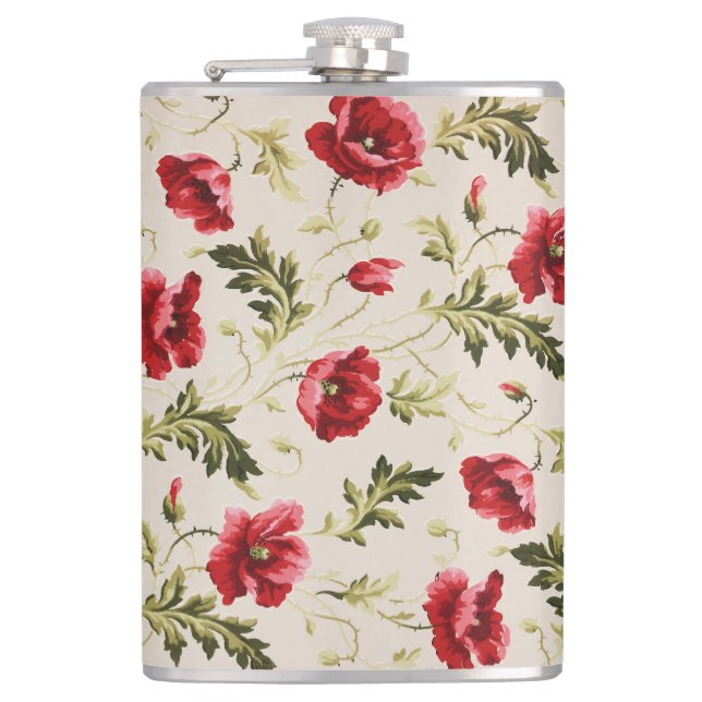 Vintage leuchtend rotes Mohnblumenmuster  Flachmann (Vorderseite)