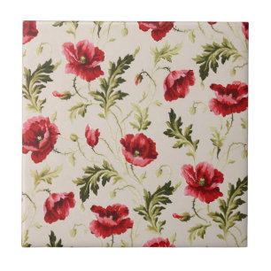 Vintage leuchtend rotes Mohnblumenmuster  Fliese