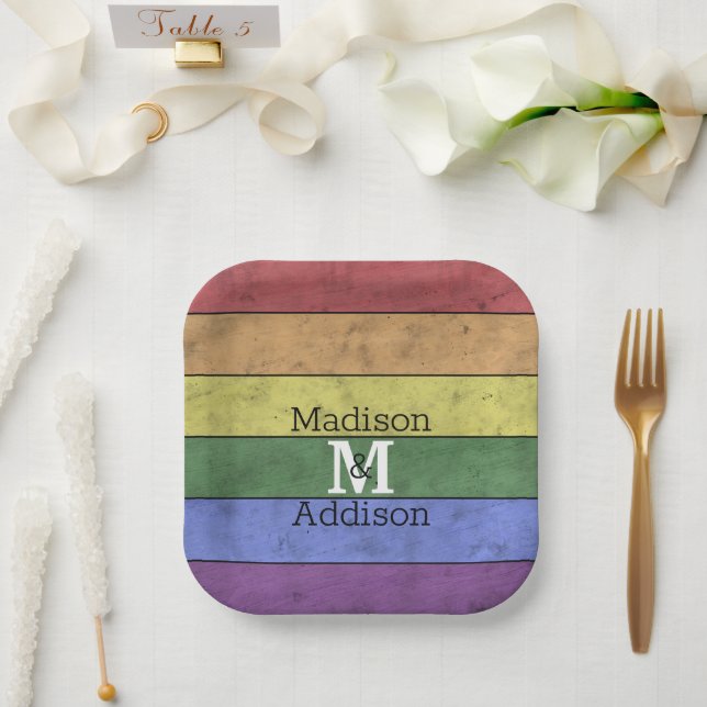 Vintage LGBT-Flagge Stolz gestresste Regenbogenmon Pappteller (Hochzeit)