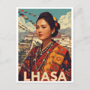 Vintage Lhasa Tibet Frau Potala Postkarte